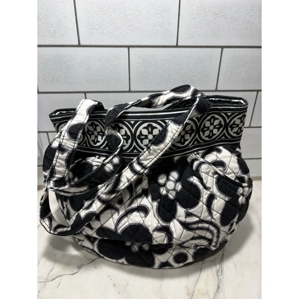 Vera Bradley Night and Day Black White Floral Quilted Tote Purse Retired Zipper